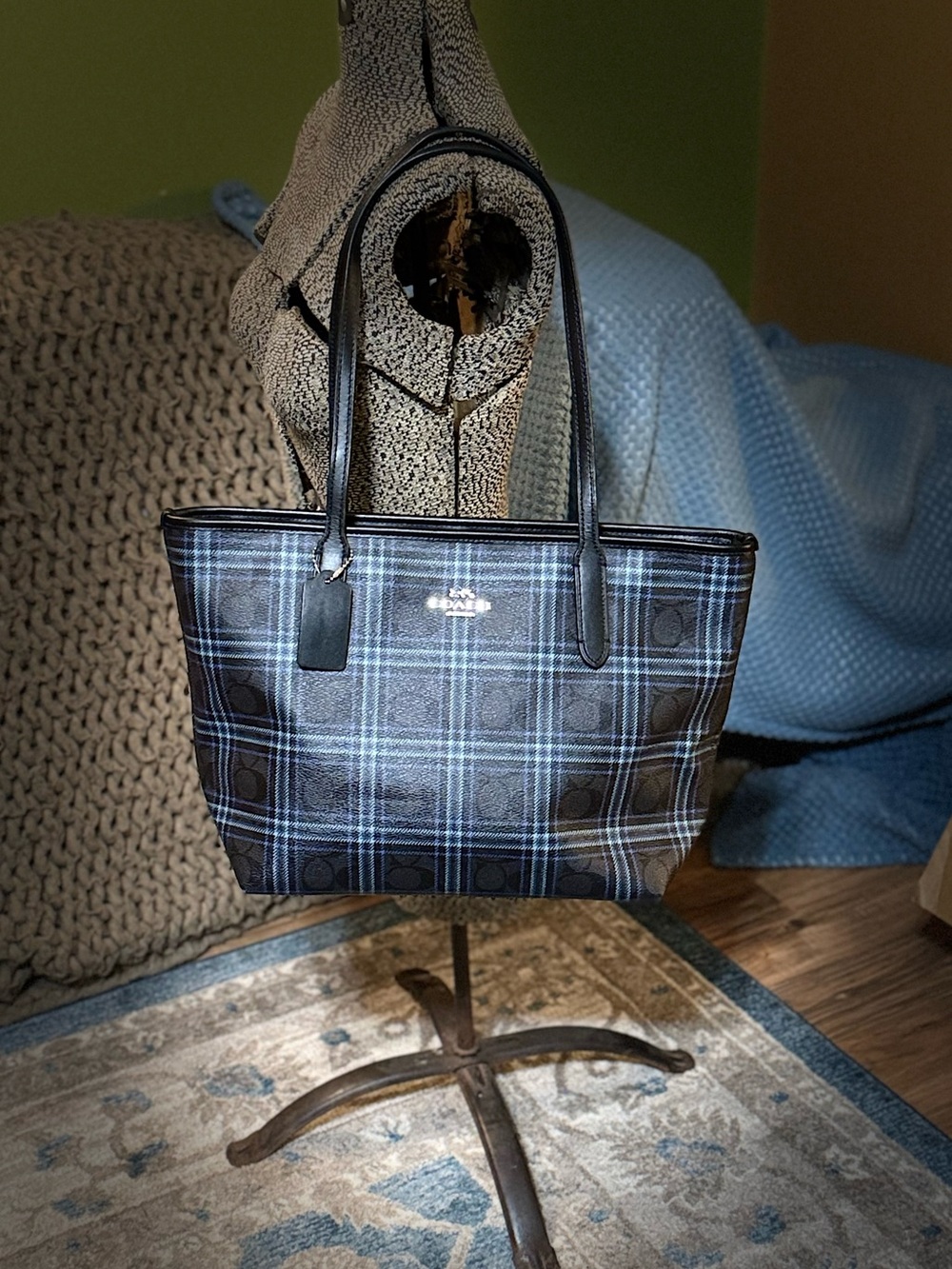 Coach Shirting Plaid Navy & Black Zip‑Top Tote – Leather Trim, Like New